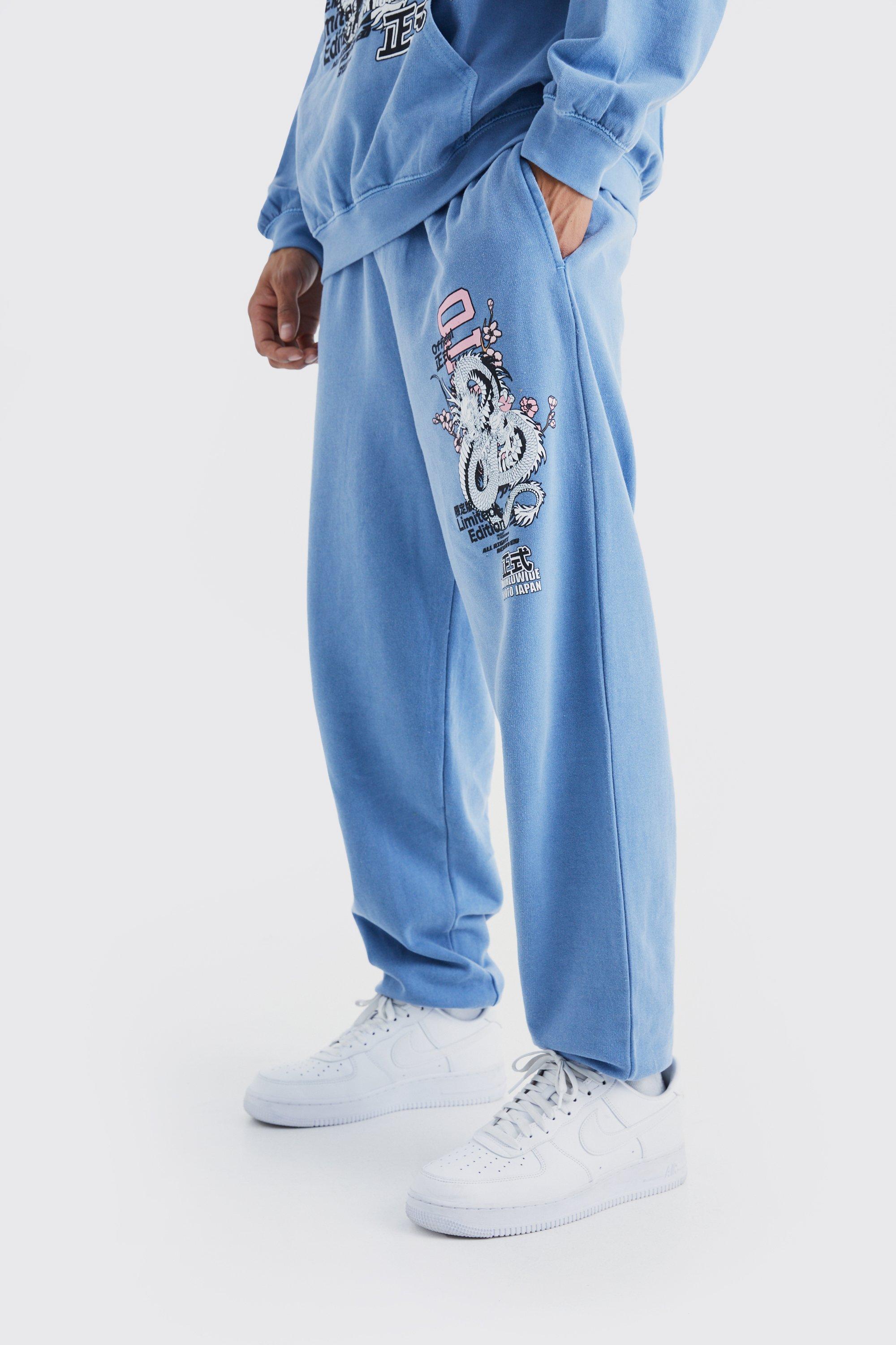 Mens Blue Oversized Blossom Dragon Overdye Jogger, Blue